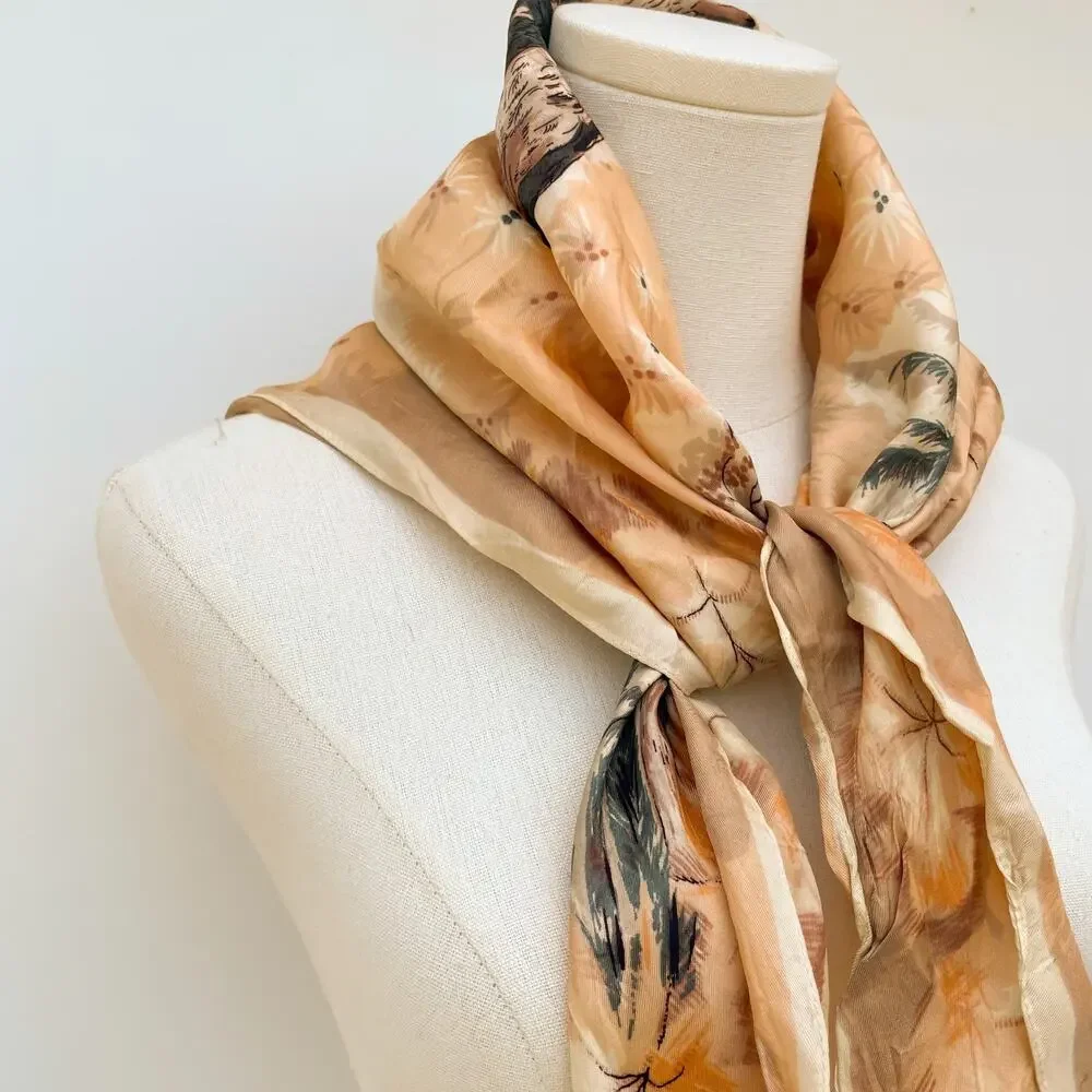Vintage 70s Satin Bird Scarf Pheasants Country Earth Tones Wildlife Nature Hawk
